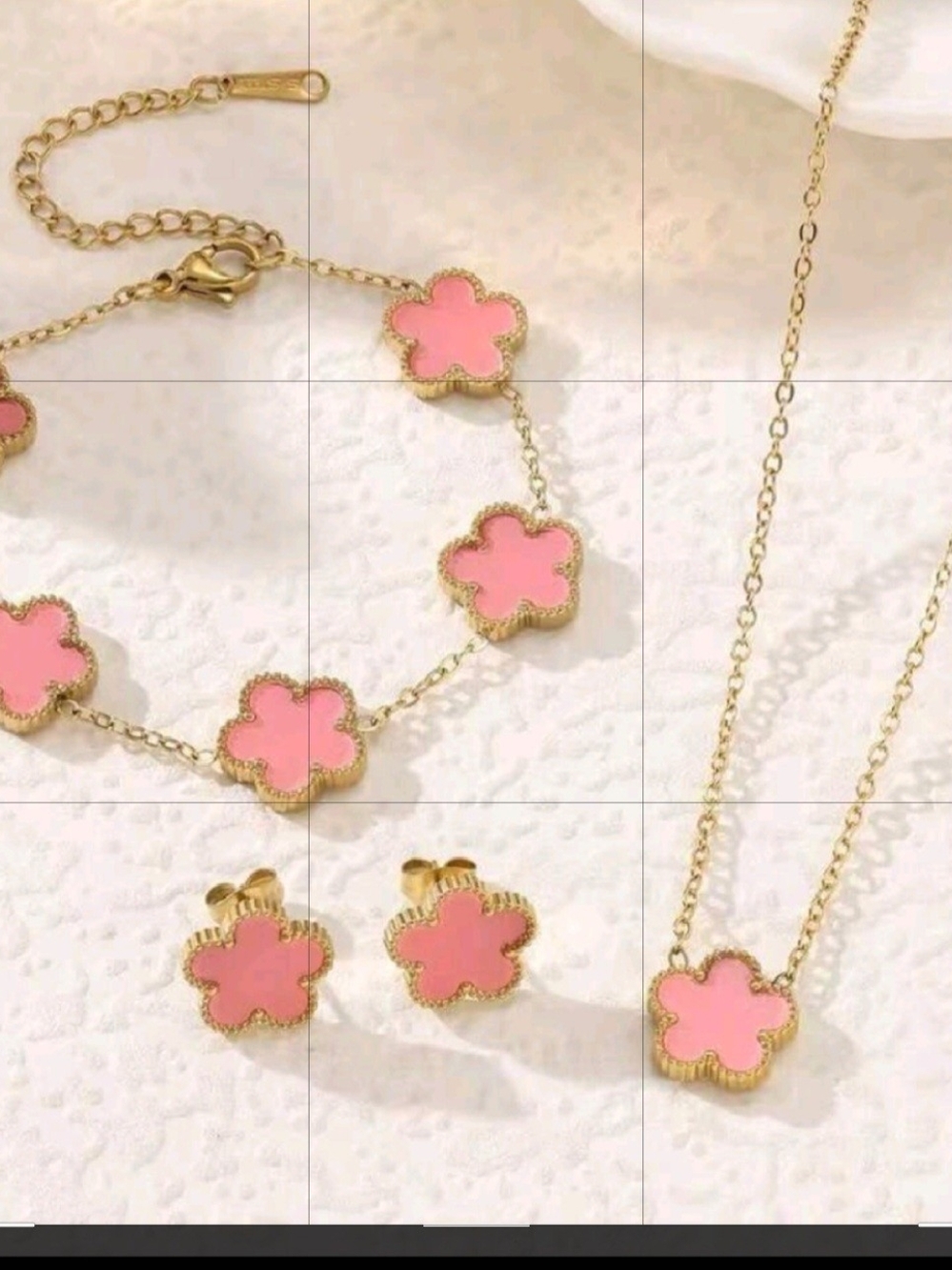 Pink Four  Clover Flower Gold-Plated Necklace & Bracelet Set